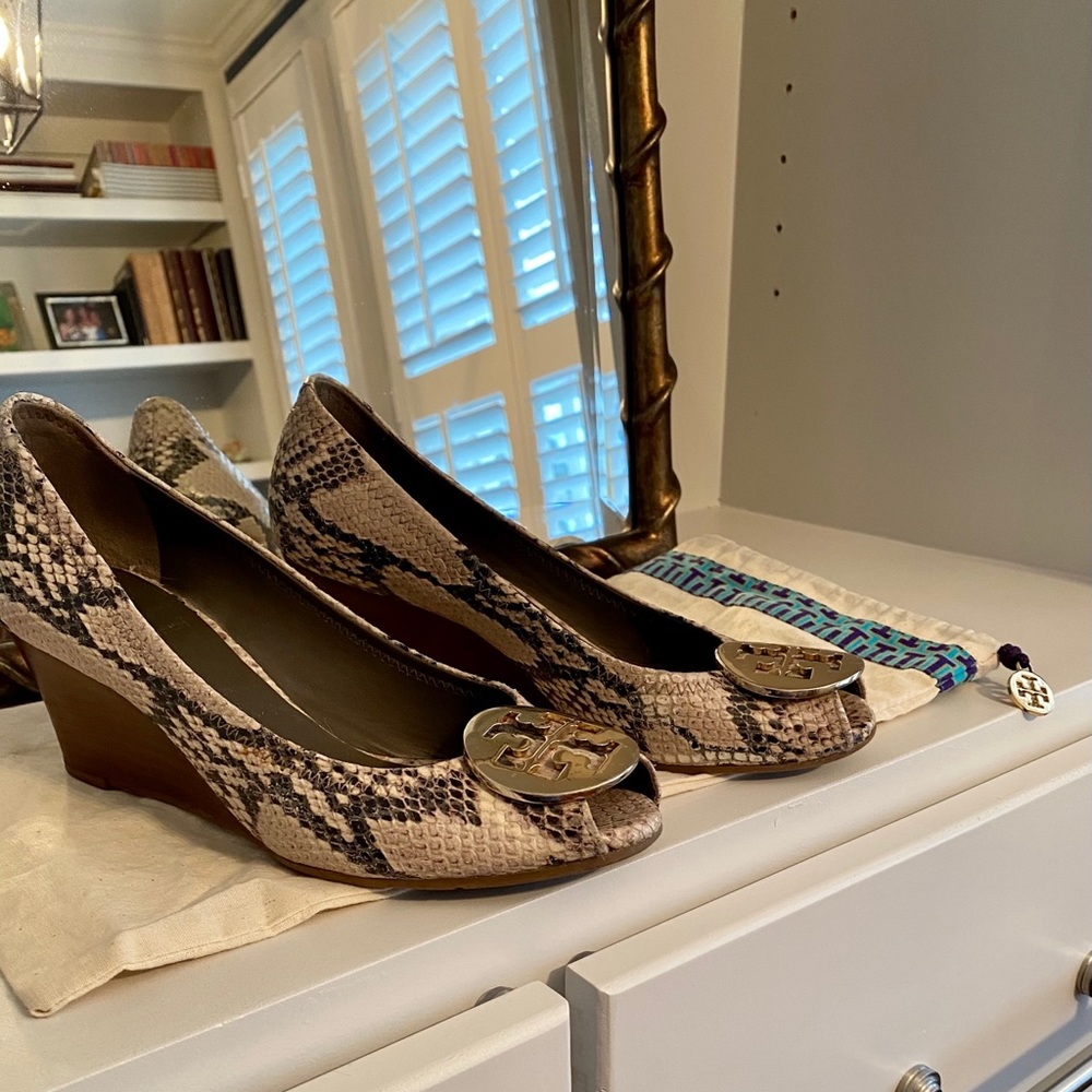 Tory Burch snakeskin peep toe wedges
